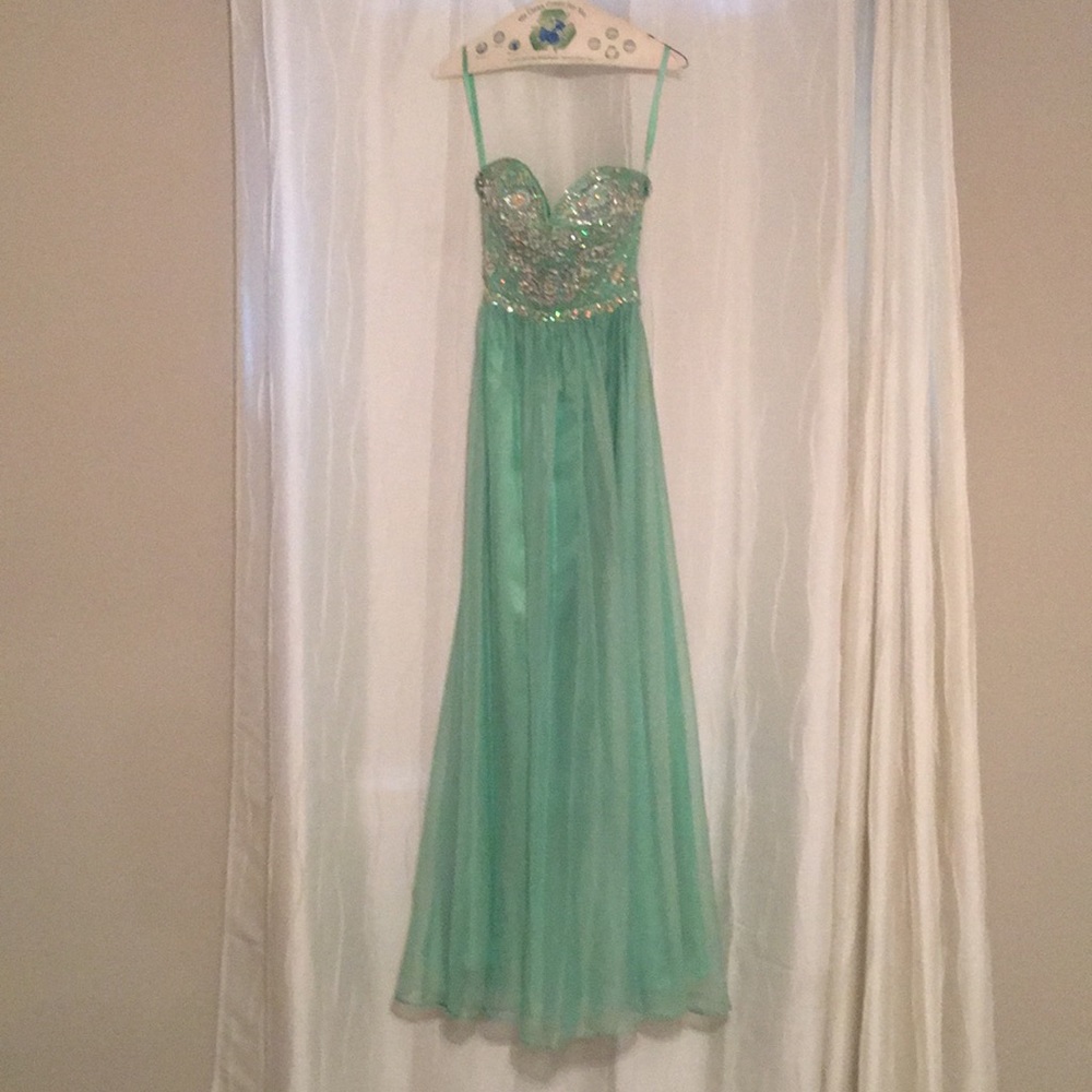Open back, strapless sea green prom dress